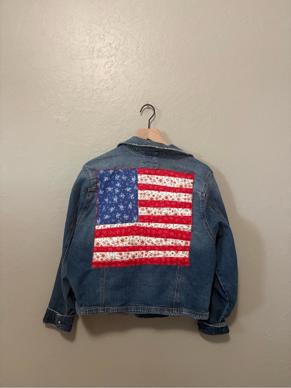 Upcycled Denim Jacket | Handmade Patchwork American Flag Appliqué | XXL